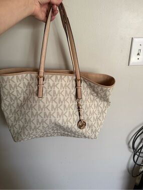 Michael Kors Cream and Tan MK Logo Tote